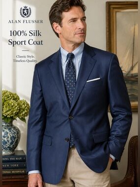 Alan Flusser Silk Sport Coat Blazer Mens 48L Blue Two Button Luxury Jacket